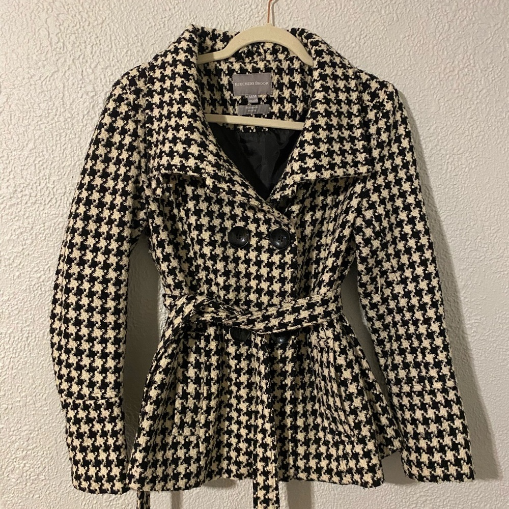Chic Houndstooth Tie Coat - Black and Cream